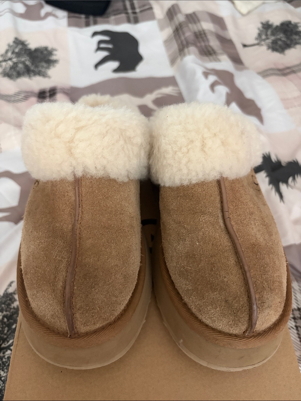 UGG Chestnut Suede Shearling Slide Slippers with Cream Cuff